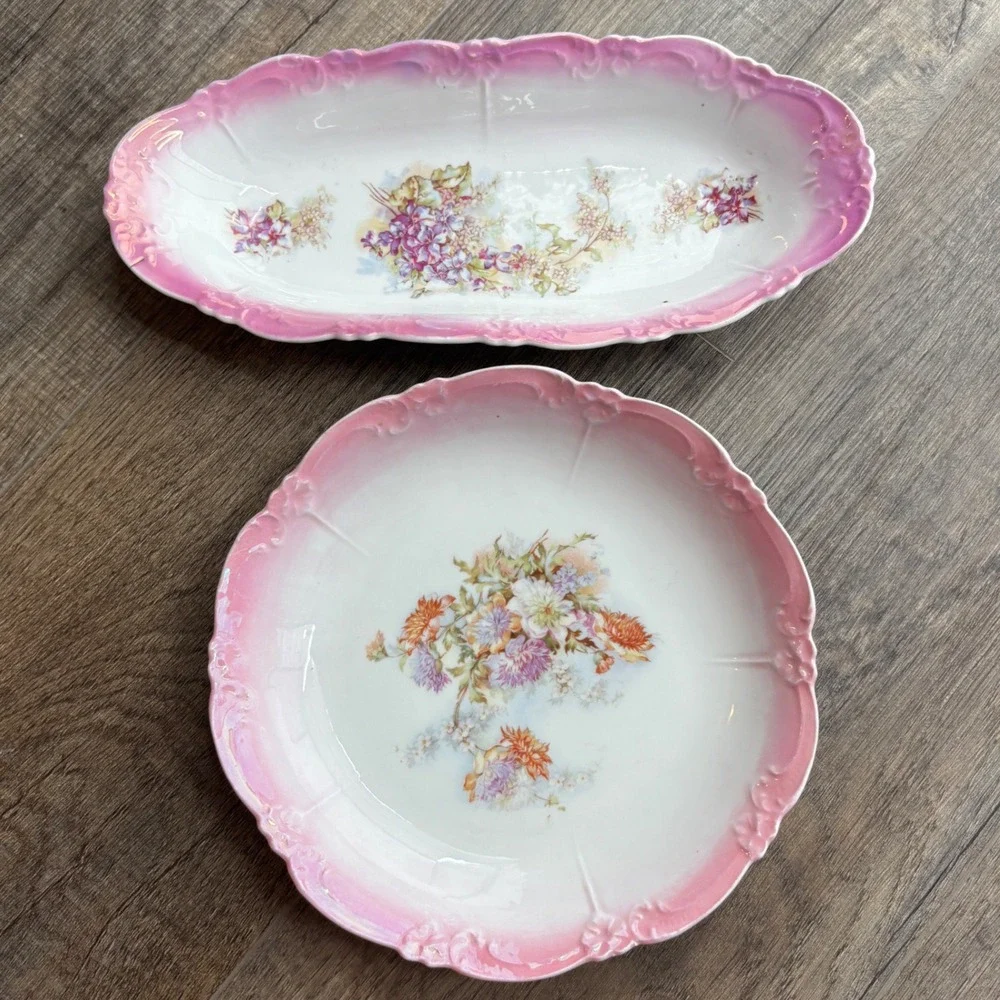 Vintage Pink Lusterware Floral Porcelain Plate and Oval Platter Set 2pc, Spring